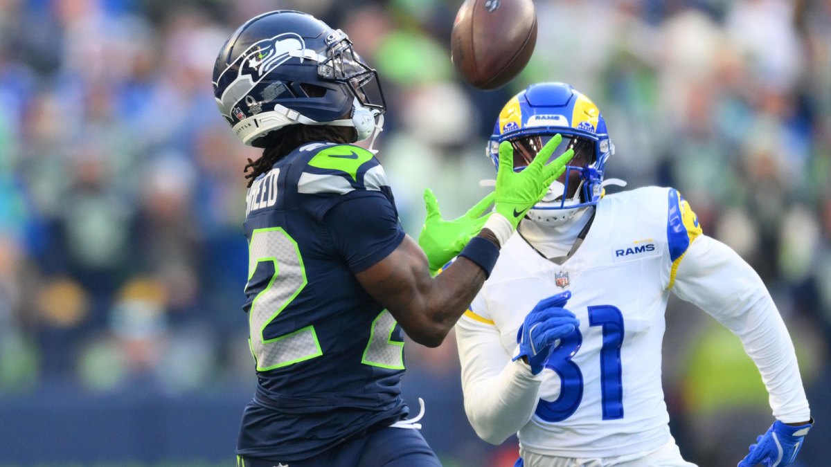 Seattle Seahawks wide receiver Rashid Shaheed (22) makes a catch in the first half against the Los Angeles Rams in the 2026 NFC Championship Game at Lumen Field