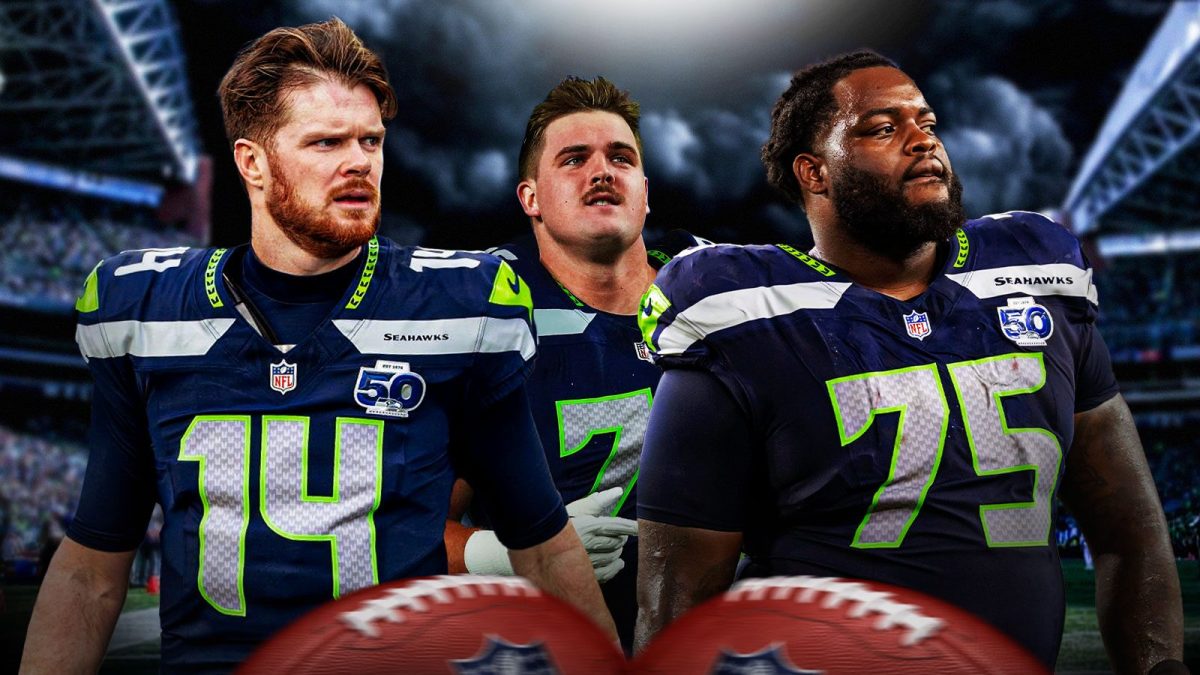 Sam Darnold, Grey Zabel, Anthony Bradford all beside each other - Dark clouds in the background