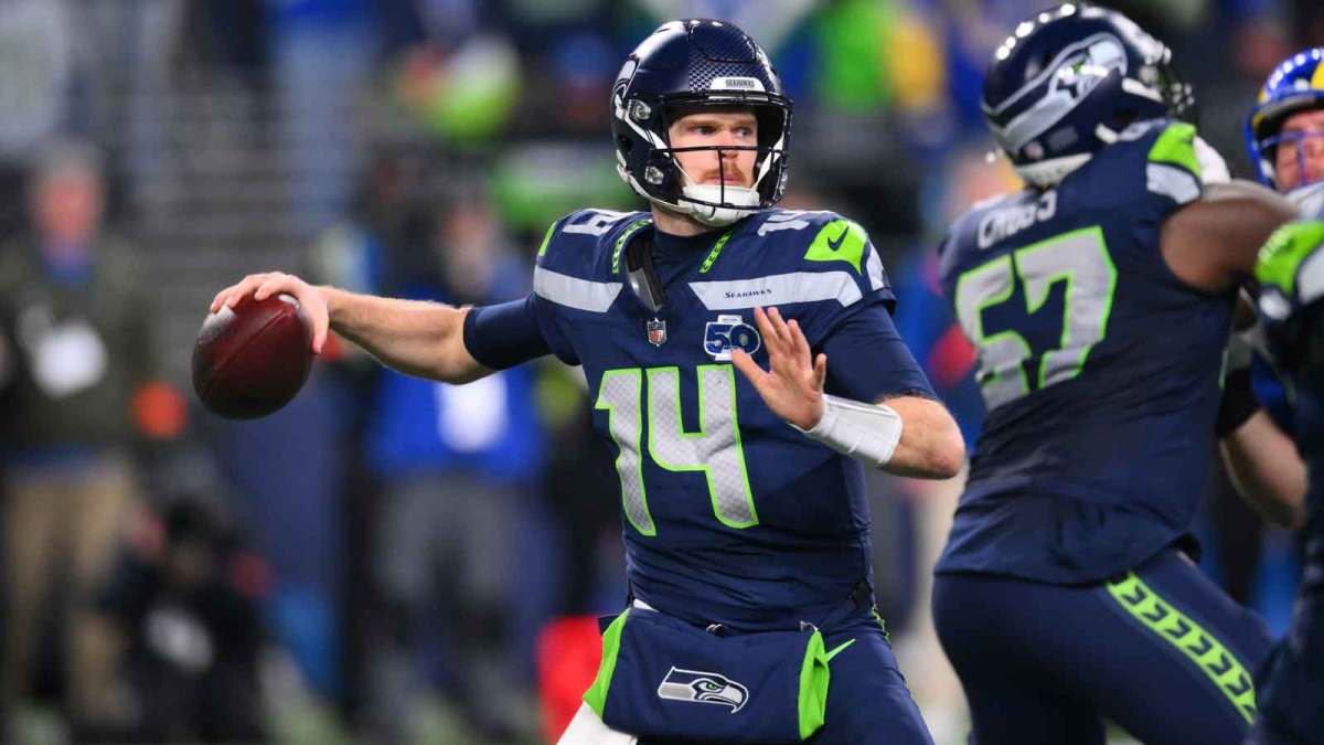 Seattle Seahawks quarterback Sam Darnold (14) passes against the Los Angeles Rams during the second half in the 2026 NFC Championship Game at Lumen Field.