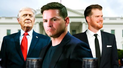 Seattle Seahawks coach Mike Macdonald in between President Donald Trump and Sam Darnold with White House background.