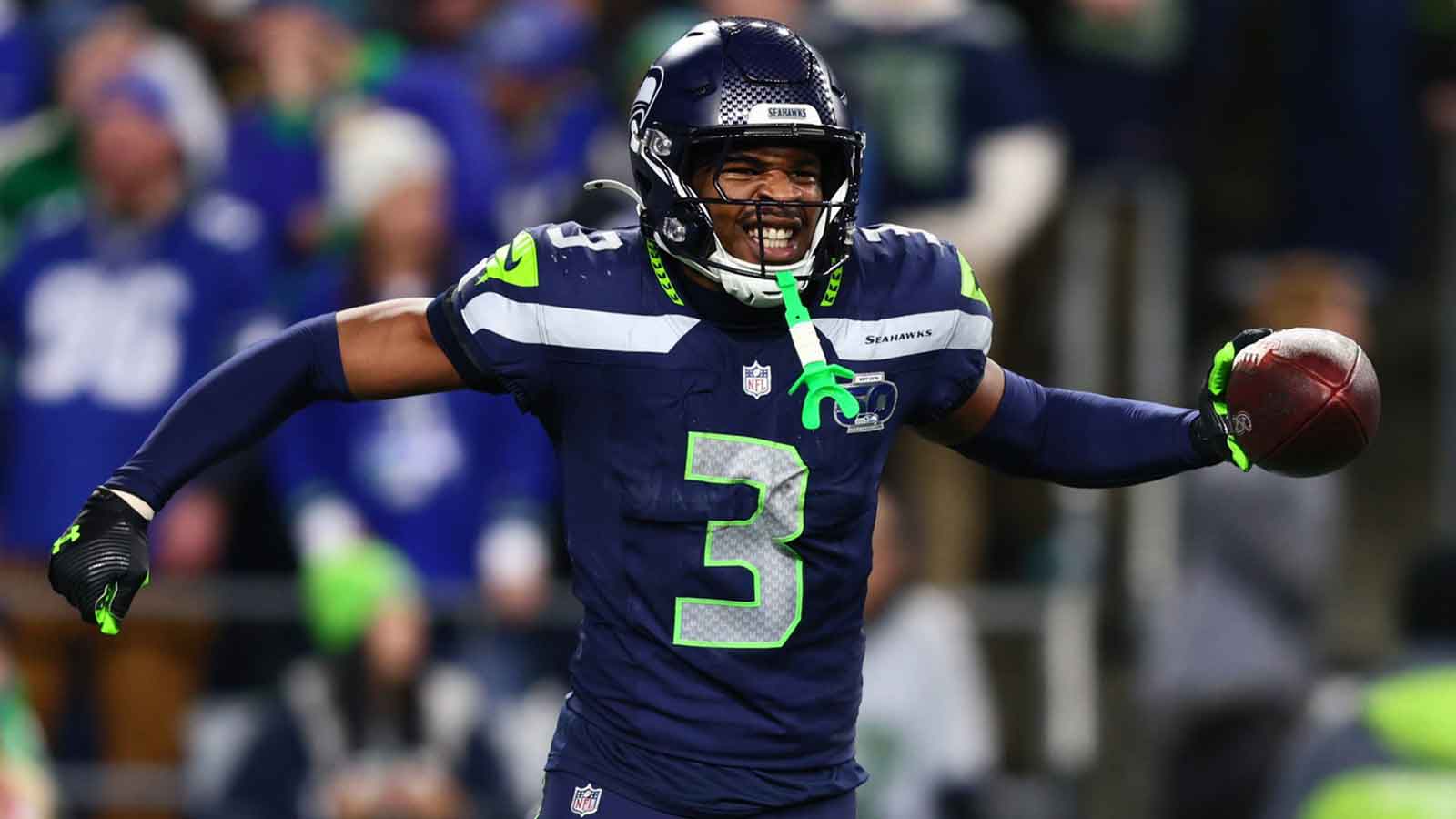 Seattle Seahawks safety Nick Emmanwori (3) reacts after a fumble recovery against the San Francisco 49ers during the second half in an NFC Divisional Round game at Lumen Field