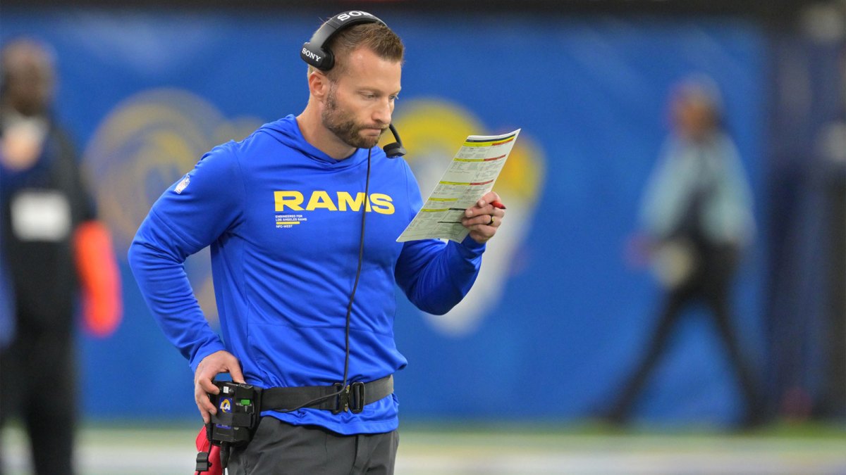 Los Angeles Rams head coach Sean McVay looks at his play sheet during the second half against the Arizona Cardinals at SoFi Stadium