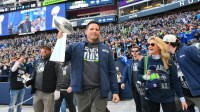 Seattle Seahawks head coach Mike MacDonald before the Super Bowl LX trophy presentation at Lumen Field.