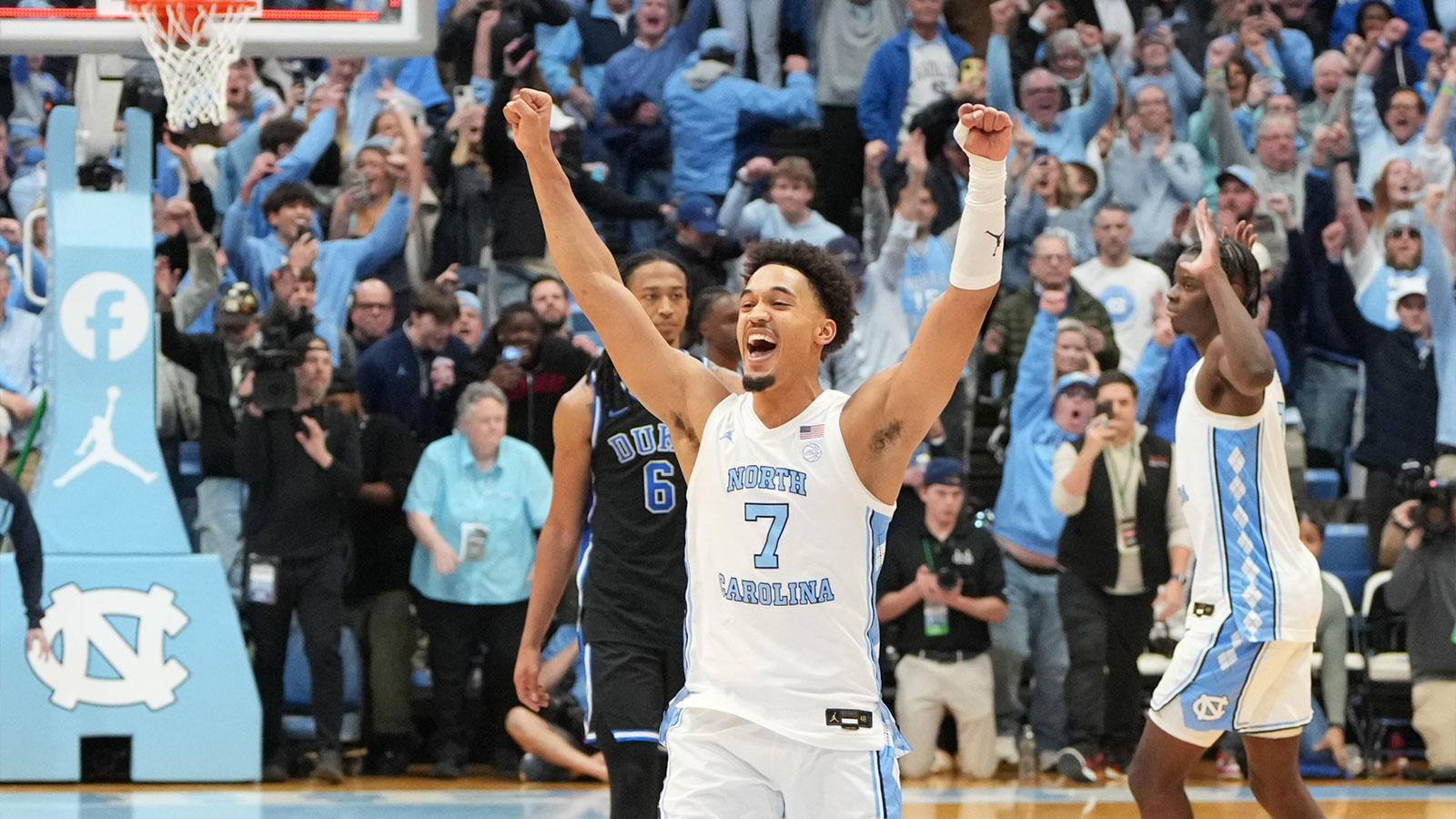 North Carolina Tar Heels guard Seth Trimble (7) celebrates with teammates after the game at Dean E. Smith Center. 