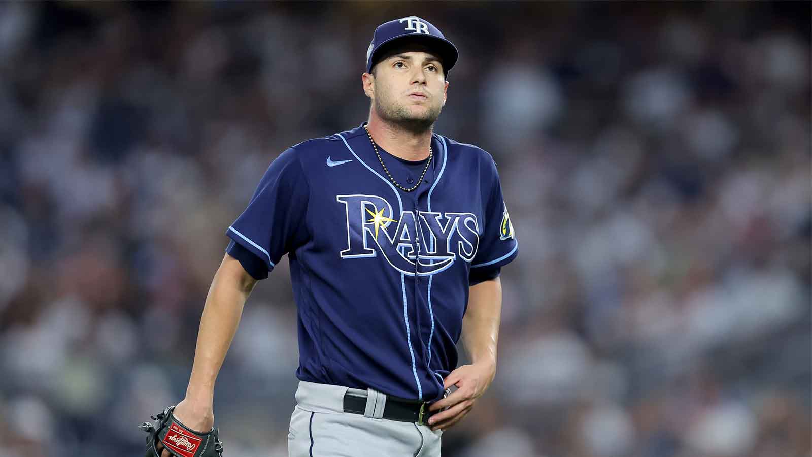  Tampa Bay Rays starting pitcher Shane McClanahan (18) reacts during the fourth inning against the New York Yankees at Yankee Stadium. 