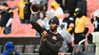 Cleveland Browns quarterback Shedeur Sanders (12) warms up before the game against the Pittsburgh Steelers at Huntington Bank Field.