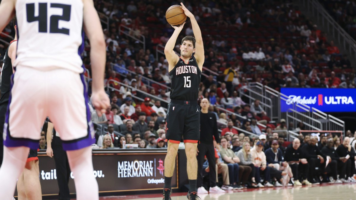 Houston Rockets guard Reed Sheppard (15) shoots the ball during the second quarter against the Sacramento Kings at Toyota Center
