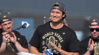 Los Angeles Dodgers designated hitter Shohei Ohtani (17) during the World Series celebration at Dodger Stadium.
