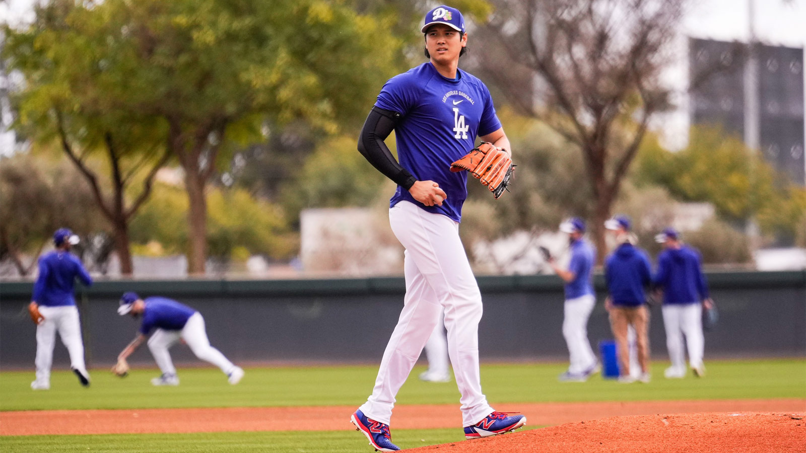 Los Angeles Dodgers Pitcher/Designated hitter Shohei Ohtani (17) on the mound during Los Angeles Dodger workouts at Camelback Ranch in Glendale, Arizona.