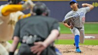 Chicago Cubs pitcher Shota Imanaga (18) pitches to Milwaukee Brewers catcher William Contreras (24) during the first inning of the National League Division Series game at American Family Field in Milwaukee, Wisconsin on Oct. 6, 2025.