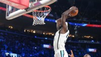 Team World forward Pascal Siakam (43) of the Indiana Pacers dunks the ball in game three against Team Stripes during the 75th NBA All Star Game at Intuit Dome