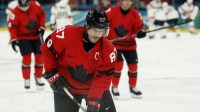 Sidney Crosby of Canada during the warm up before the match against Switzerland in men's ice hockey group A play during the Milano Cortina 2026 Olympic Winter Games at Milano Santagiulia Ice Hockey Arena.