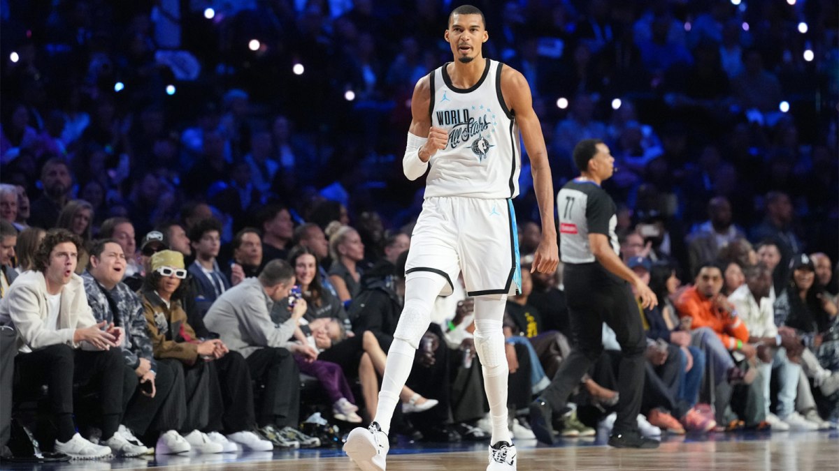 Team World center Victor Wembanyama (1) of the San Antonio Spurs reacts in game one against Team Stars during the 75th NBA All Star Game at Intuit Dome.