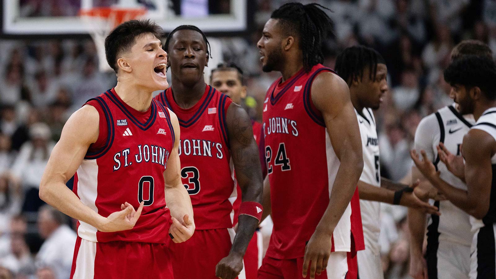 St. John’s University Red Storm guard Dylan Darling (0) reacts during the second half of the game against the Providence College Friars at Amica Mutual Pavilion.