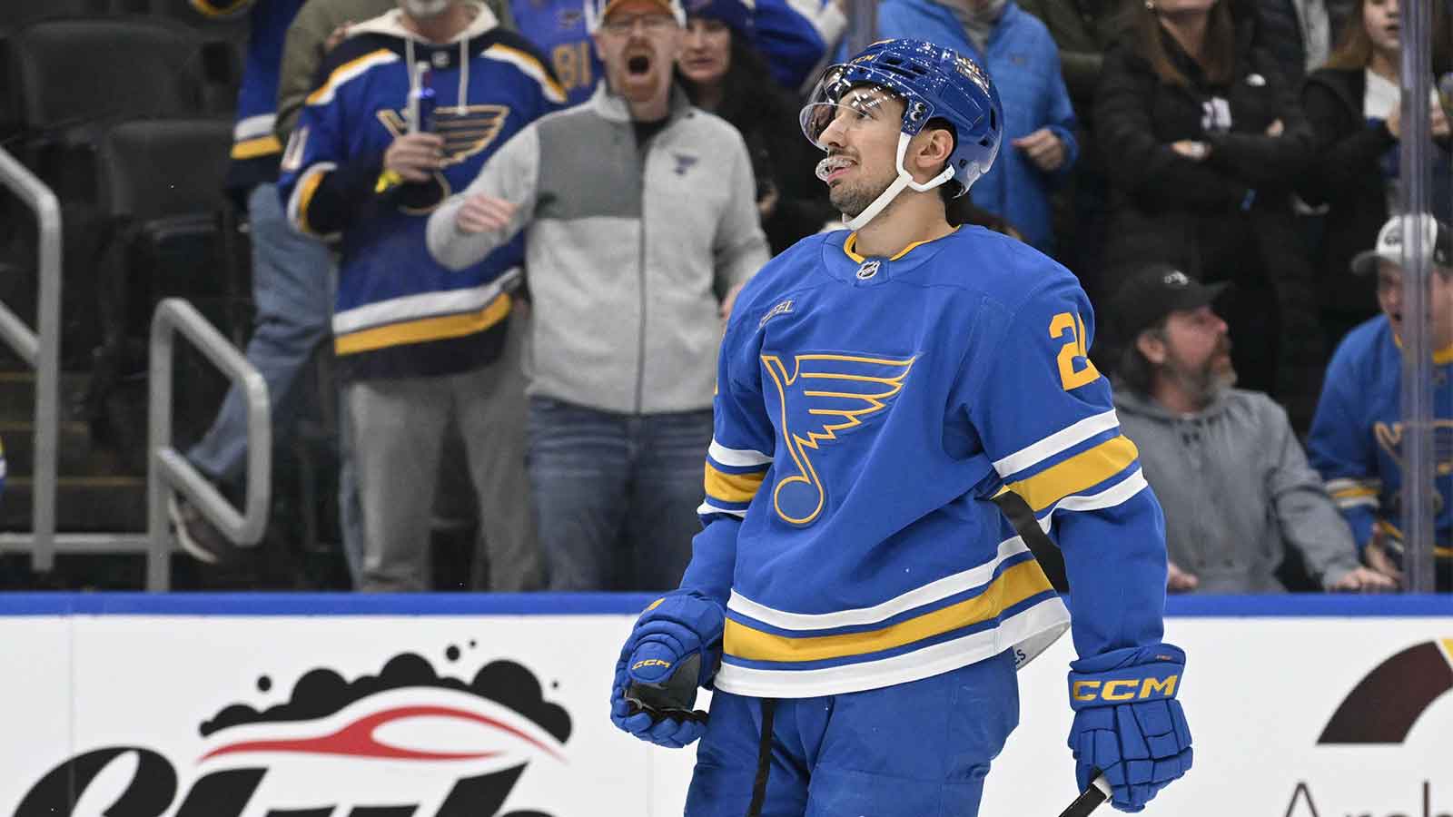 St. Louis Blues right wing Jordan Kyrou (25) looks on during overtime against the Tampa Bay Lightning at Enterprise Center.