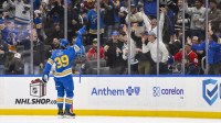 St. Louis Blues right wing Matt Luff (39) reacts after scoring against the Chicago Blackhawks during the first period at Enterprise Center.