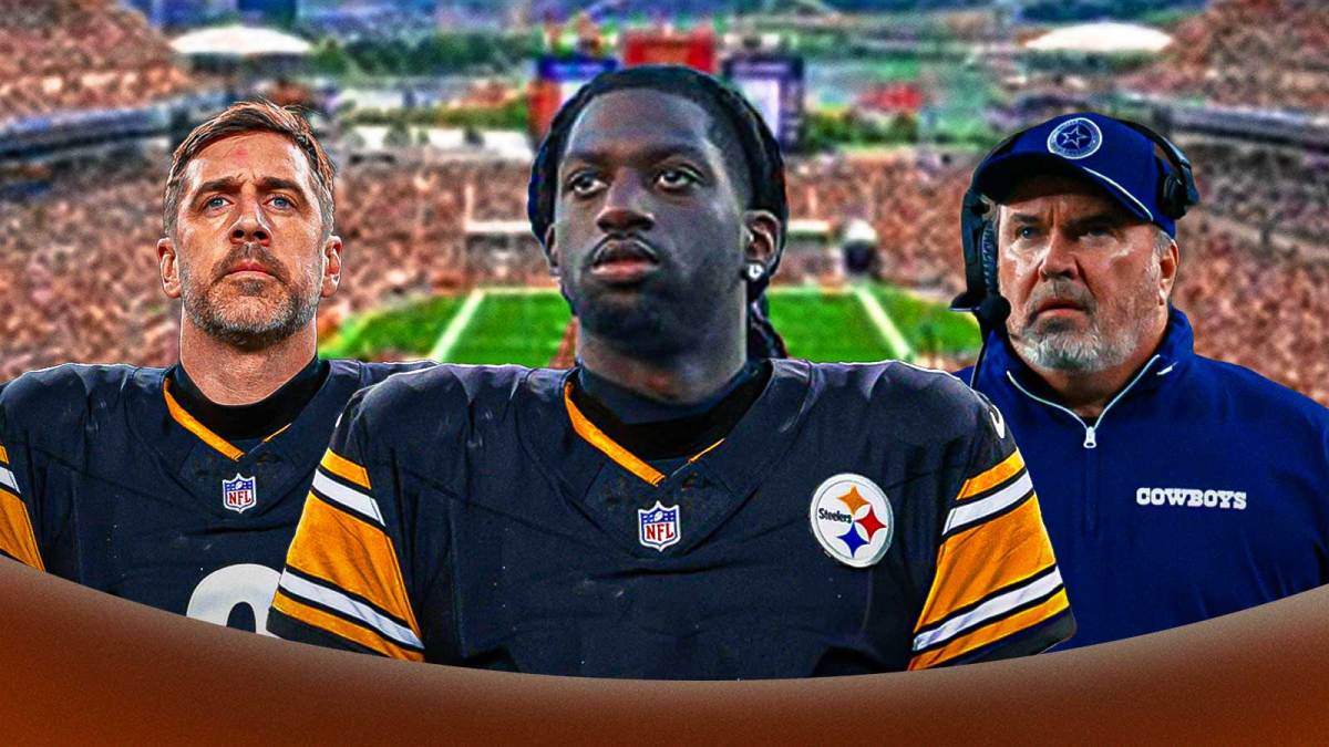 Brian Thomas Jr in the middle, Aaron Rodgers and coach Mike McCarthy around him, Explosions in the background