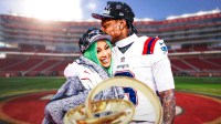 Cardi B and New England Patriots wide receiver Stefon Diggs with engagement ring in between them and Levi's Stadium background.