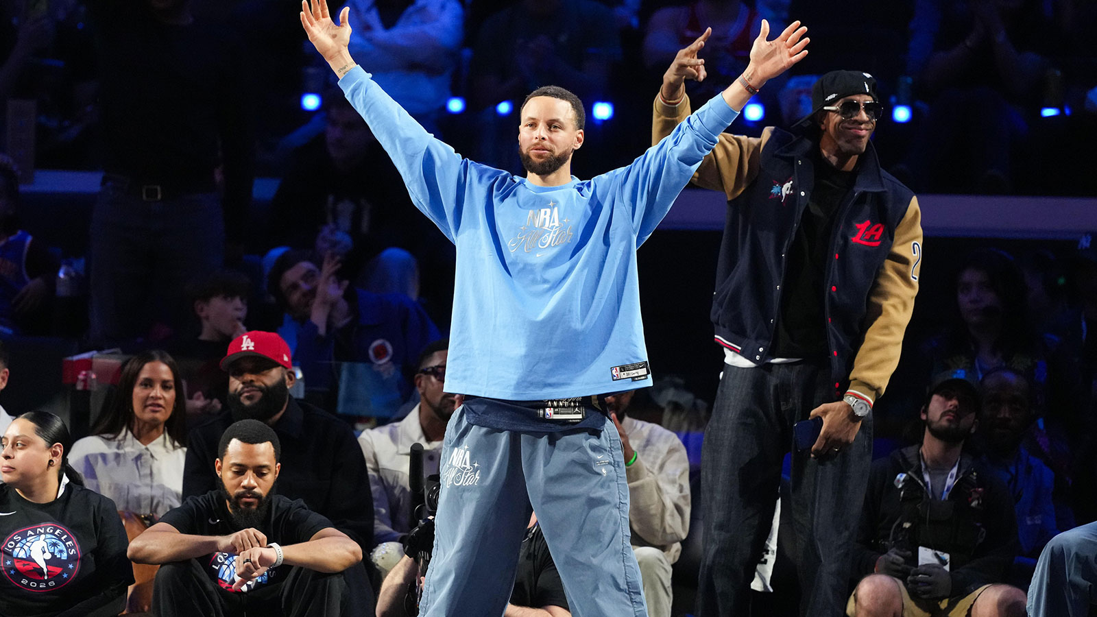 Team USA Stripes guard Stephen Curry (30) of the Golden State Warriors reacts in game three against Team World during the 75th NBA All Star Game at Intuit Dome. 