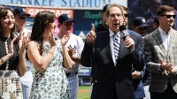 Longtime Yankee announcer John Sterling is honored during a pregame ceremony in recognition of his retirement before a game against the Toronto Blue Jays at Yankee Stadium.