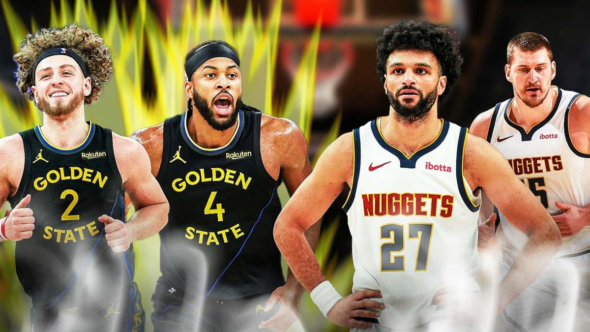 : Brandin Podziemski and Moses Moody doing the Super Saiyen fusion as Jokic and Jamal Murray look sad