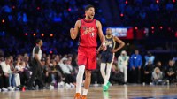Devin Booker (1) of the Phoenix Suns reacts in game four against Team Stripes during the 75th NBA All Star Game at Intuit Dome with Chet Holmgren & Tyrese Maxey in the background