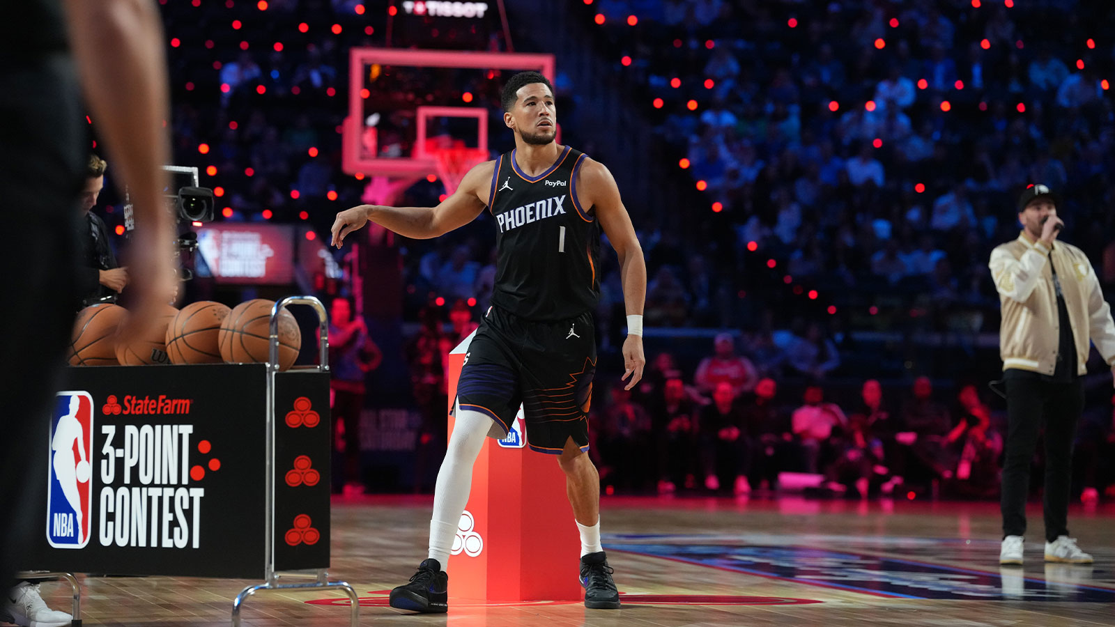 Suns guard Devin Booker (1) competes in the three point contest during the 2026 NBA All Star Saturday Night at Intuit Dome
