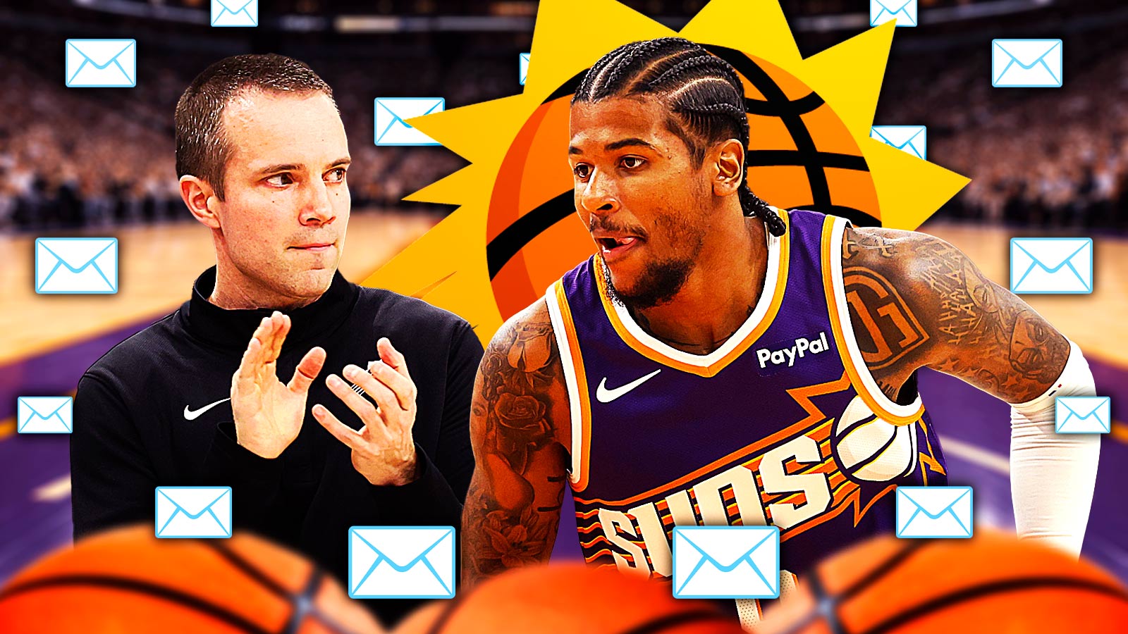 Phoenix Suns guard Jalen Green looking hyped, along with Suns head coach Jordan Ott. There are mail emojis throughout the image, and there’s a background of the Suns arena, in addition to the logo underneath the image