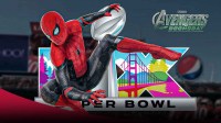 Spider-Man: Brand New Day star Tom Holland with Super Bowl 60 and Avengers: Doomsday logos with Levi's Stadium background.
