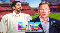 2026 Halftime Show performer Bad Bunny next to NFL commissioner Roger Goodell and Super Bowl 60 logo and Levi's Stadium background.