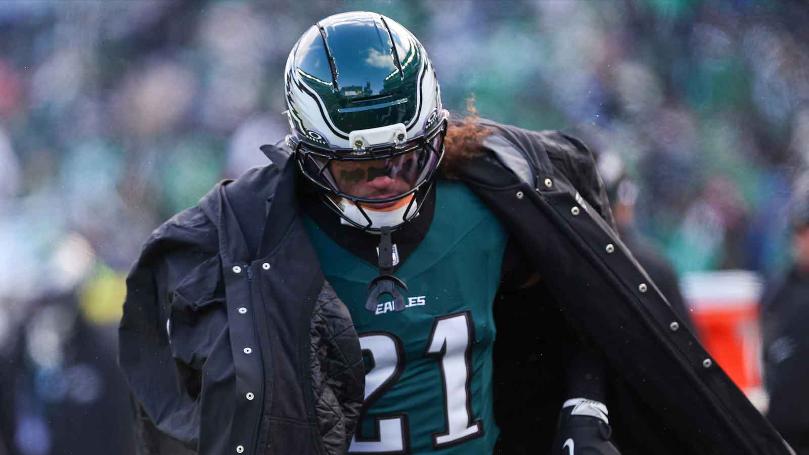 Philadelphia Eagles safety Sydney Brown (21) on the sidelines during the second quarter against the Las Vegas Raiders at Lincoln Financial Field. 