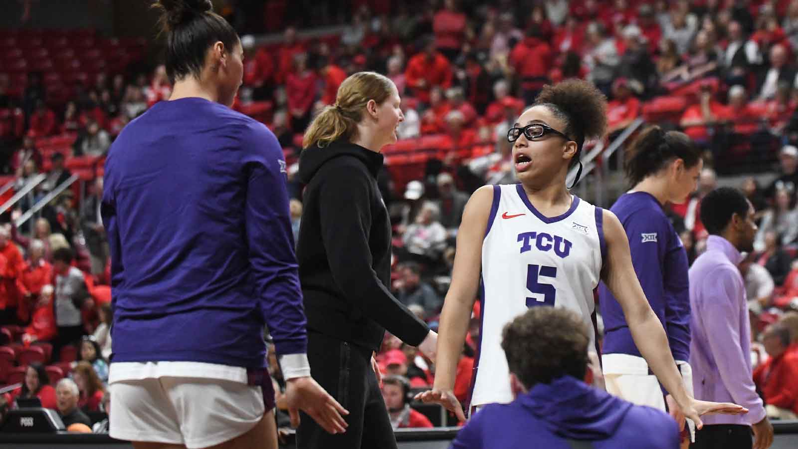 TCU's Olivia Miles does a handshake before facing Texas Tech in a Big 12 women's basketball game Sunday, Feb. 1, 2026, at United Supermarkets Arena.