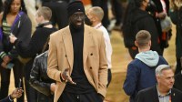 Cleveland Charge player Tacko Fall on the court after Team LeBron defeated Team Durant in the 2022 NBA All-Star Game at Rocket Mortgage FieldHouse.