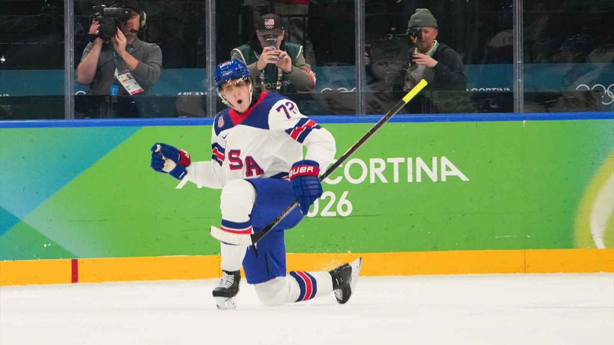 Tage Thompson (72) of the United States celebrates after scoring a goal during the first period against Slovakia in a men's ice hockey semifinal during the Milano Cortina 2026 Olympic Winter Games at Milano Santagiulia Ice Hockey Arena.