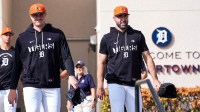 Detroit Tigers pitcher Tarik Skubal, left, and pitcher Justin Verlander walks toward practice field during spring training at TigerTown in Lakeland, Fla.