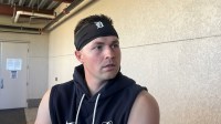 Detroit Tigers left-hander Tarik Skubal talks to reporters after his first start of spring training February 23, 2026, at Joker Marchant Stadium in Lakeland, Florida.