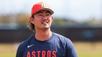 Houston Astros pitcher Tatsuya Imai (45) looks on from the infield during a spring training workout at CACTI Park of The Palm Beaches.