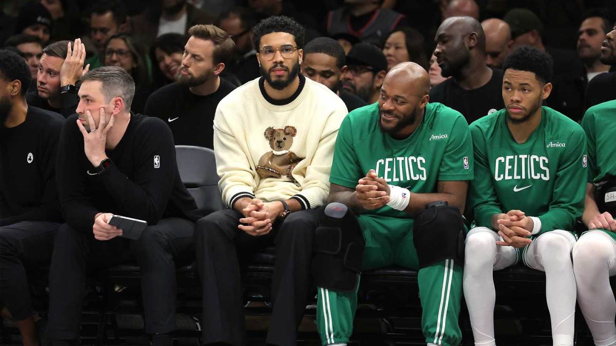 Boston Celtics injured forward Jayson Tatum (0) watches from the bench during the third quarter against the Brooklyn Nets at Barclays Center.
