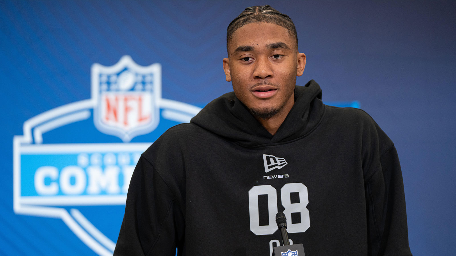 Arkansas quarterback Taylen Green (QB08) speaks to members of the media during the NFL Combine at the Indiana Convention Center.