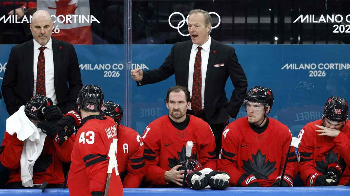Canada head coach Jon Cooper reacts against Finland in a men's ice hockey semifinal during the Milano Cortina 2026 Olympic Winter Games at Milano Santagiulia Ice Hockey Arena