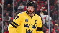 Team Sweden defenseman Victor Hedman (77) looks on against Team Canada in the first period during a 4 Nations Face-Off ice hockey game at Bell Centre