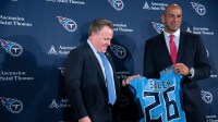 Tennessee Titans general manager Mike Borgonzi, left, and new head coach Robert Saleh stand for portraits after the new head coach’s introductory press conference at Ascension Saint Thomas Sports Park in Nashville, Tenn., Thursday, Jan. 29, 2026.