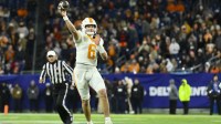 Tennessee Volunteers quarterback Joey Aguilar (6) throws a pass against the Illinois Fighting Illini during the first half at Nissan Stadium.