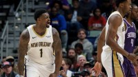 New Orleans Pelicans forward Zion Williamson (1) reacts after a basket against the Sacramento Kings during the first half at Smoothie King Center.