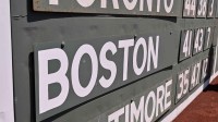 A closeup view of the Green Monster before a game at Fenway Park between the Boston Red Sox and the Toronto Blue Jays.