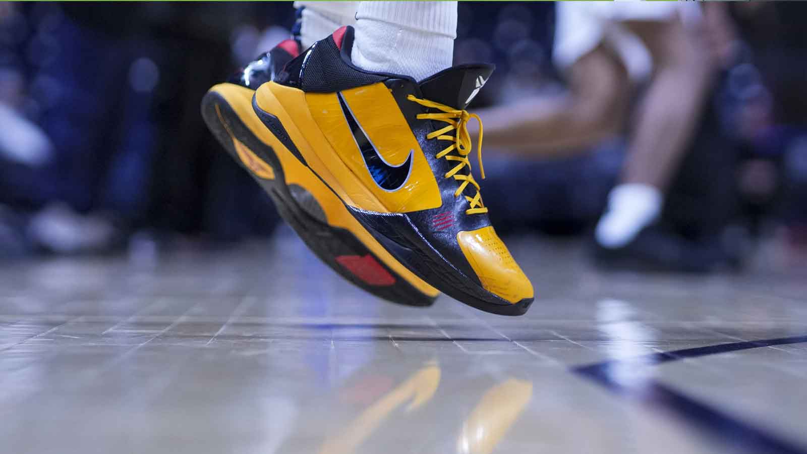 The Nike Zoom Kobe 5 Protro shoes worn by a member of the Xavier Musketeers are seen on the court during warmups