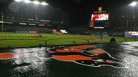 A detail view of the Baltimore Orioles logo on top of the home dugout during the game Washington Nationals d at Oriole Park at Camden Yards.