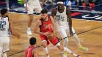 Chet Holmgren (7) of the Oklahoma City Thunder controls the ball against Team World forward Pascal Siakam (43) of the Indiana Pacers in game one during the 75th NBA All Star Game at Intuit Dome