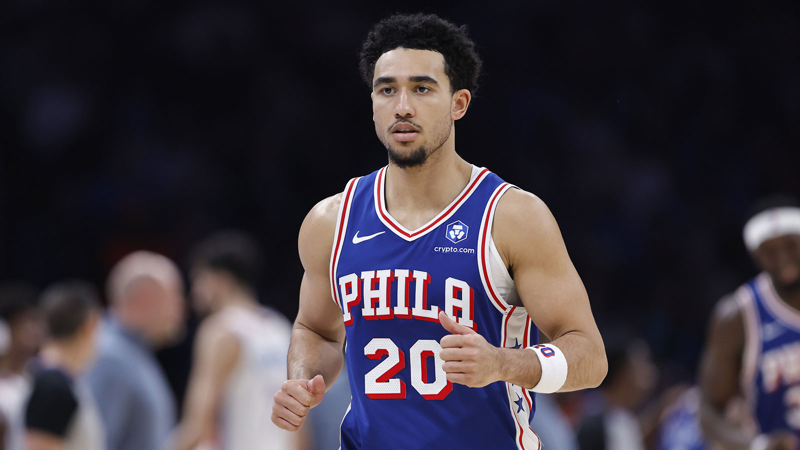 76ers guard Jared McCain (20) runs off the court during a time out against the Oklahoma City Thunder during the second half at Paycom Center
