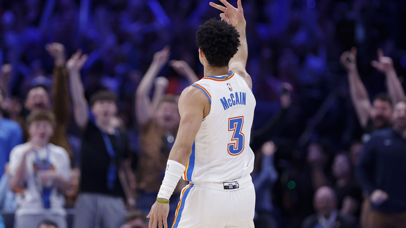 Thunder guard Jared McCain (3) gestures after scoring against the Houston Rockets during the second half at Paycom Center